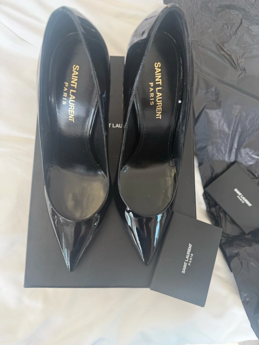 Saint Laurent Black Patent Opyum Stiletto Pumps with Gold YSL Heel - Picture 6 of 7